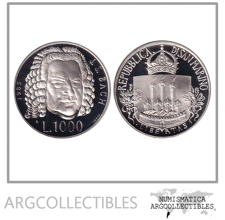 San Marino Moneda 1 000 Liras 1985 Plata 835 J S Bach KM 183 Proof