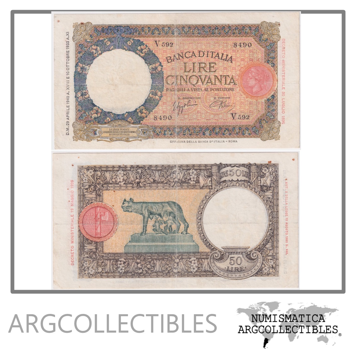 Italia Billete 50 Liras 1940 P 54b VF Argcollectibles